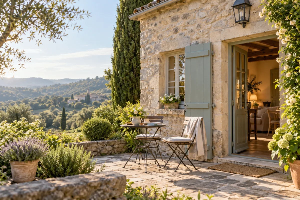 Gîte de campagne avec terrasse et jardin — illustration générée